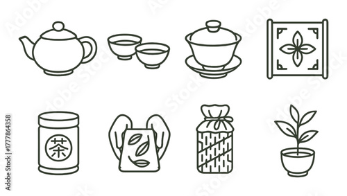 Traditional chinese tea icons featuring teapot cups leaves and scroll