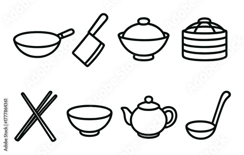 Asian cooking icons set: wok, cleaver, bowl, teapot, and chopsticks