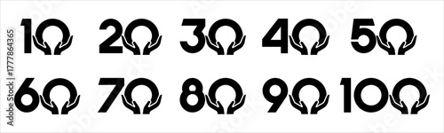 Set of collection numbers 10 to 100 with hand giving elements vector illustration. Caring hands element with numbers 10, 20, 30, 40, 50, 60, 70, 80, 90, 100 for greetings, anniversaries and more.