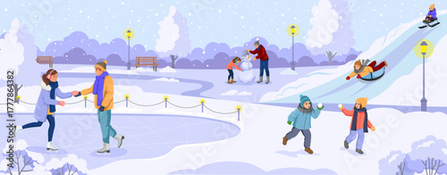 People ice skating, sledding, making snowmen, and throwing snowballs in a snowy park, flat cartoon style, winter outdoor fun. Vector illustration