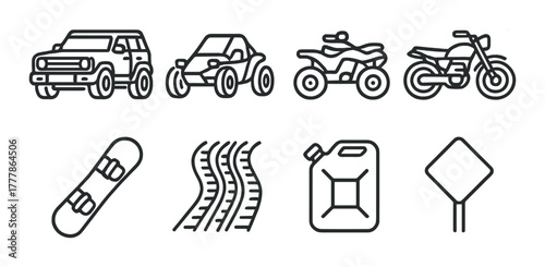 Icons of suv, buggy, atv, motorcycle, snowboard, tire tracks, fuel can, traffic sign