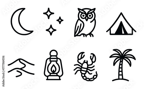 Camping adventure symbols: moon, stars, owl, tent, lantern, scorpion, mountain, palm tree