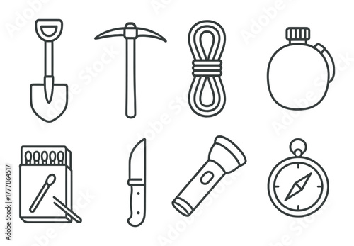 Camping equipment icons: shovel, pickaxe, rope, canteen, matches, knife, flashlight, compass