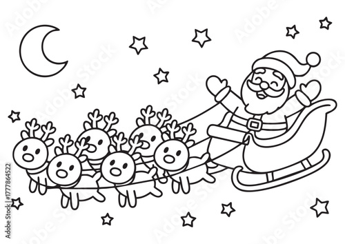 Christmas coloring page with Santa Claus and reindeer in sleigh.