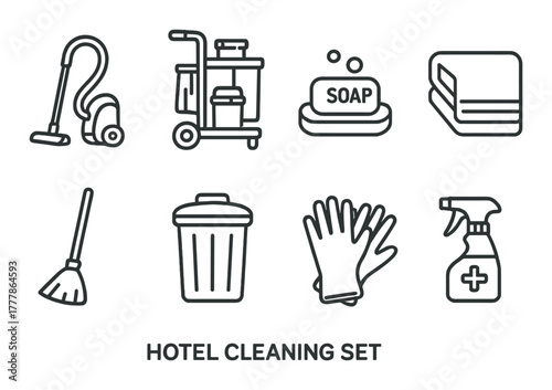Hotel cleaning essentials: vacuum, cart, soap, towels, broom, bin, gloves, spray