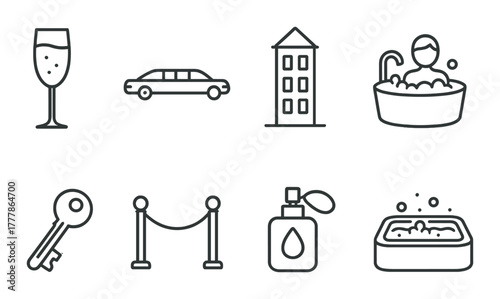 Luxury icons set featuring wine, limousine, hotel, bath, key, velvet rope, perfume, soap