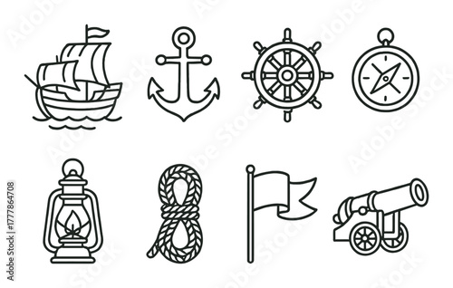 Set of nautical icons: ship, anchor, helm, compass, lantern, rope, flag, cannon