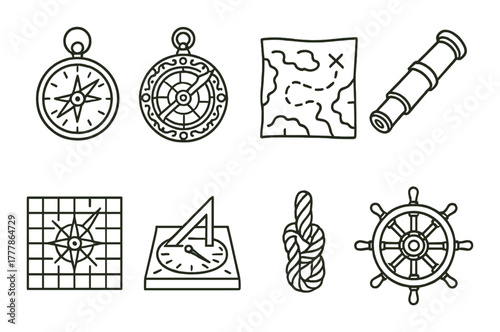 Vintage nautical icons: compass, map, telescope, knot, sundial, ship wheel
