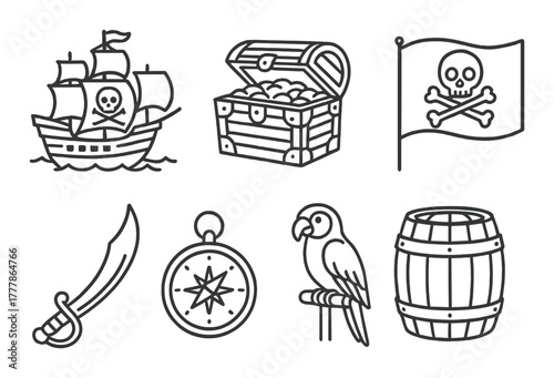 Pirate symbols: ship, treasure chest, skull flag, sword, compass, parrot, barrel