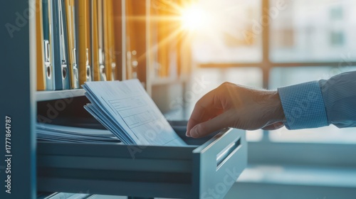 A hand reaching into a drawer filled with documents, illuminated by sunlight shining through a window.