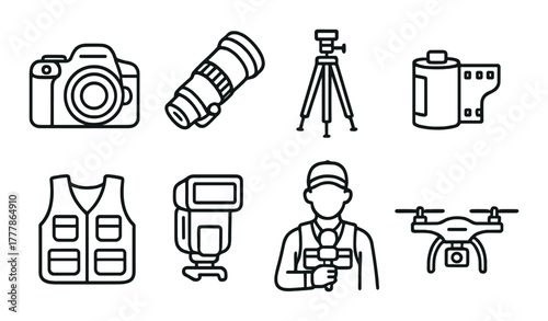 Photography equipment icons: camera, lens, tripod, drone, journalist, film roll, flash
