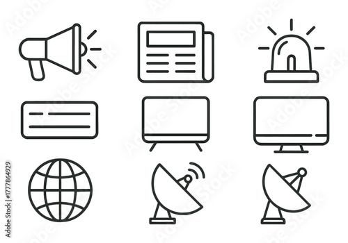 Communication icons: megaphone, newspaper, siren, envelope, screen, globe, satellite
