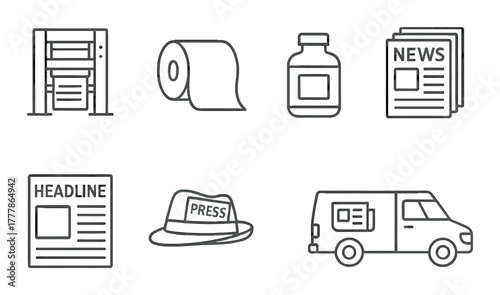 Media and press icons: newspaper, printing, journalism, television, van, camera