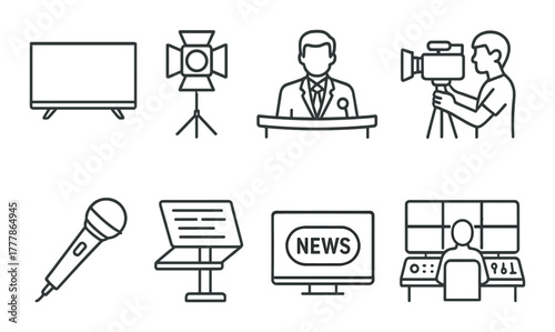 Media and broadcasting icons: tv, microphone, camera, news, control room symbols