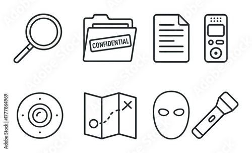 Secret agent tools and symbols collection in monochrome design