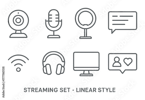 Linear style streaming icons set featuring webcam microphone headphones