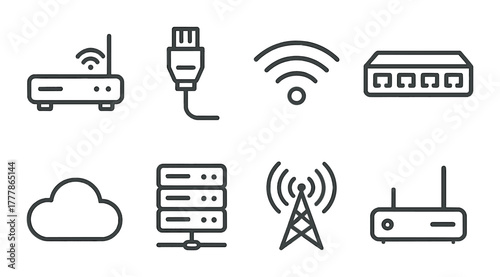 Tech icons: router, cable, wi-fi, network hub, cloud, server, signal, antenna