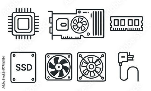 Computer hardware icons: cpu, gpu, ram, ssd, cooling fans, power