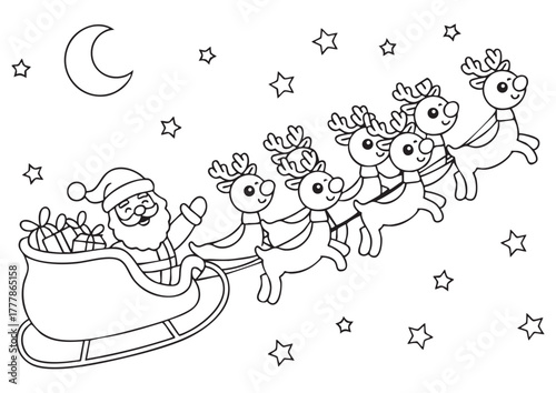 Cute Santa Claus flying in sleigh with reindeer coloring page.