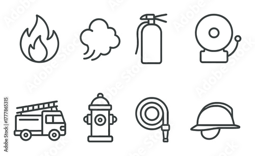 Fire safety icons: extinguisher, hydrant, hose, truck, alarm, helmet, flame, smoke