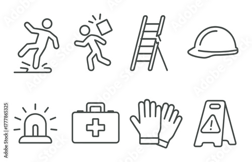 Work safety icons: slippery floor, ladder, hard hat, first aid kit, gloves, wet floor sign