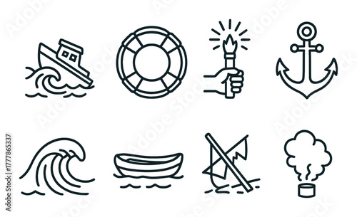 Nautical safety icons featuring boat anchor life ring and flare on green background