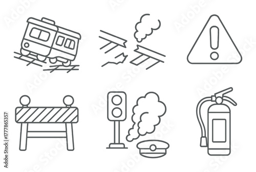 Train accident and safety icons: warning, emergency, hazard, danger, fire extinguisher