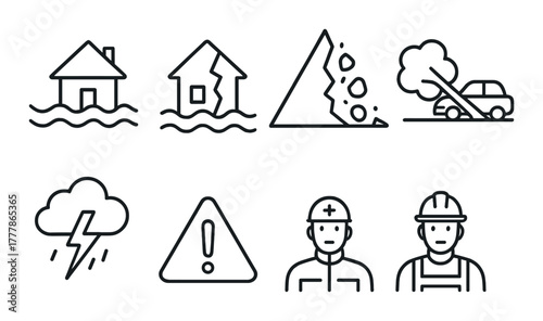 Disaster alert icons including flood, earthquake, landslide, storm, caution, and workers