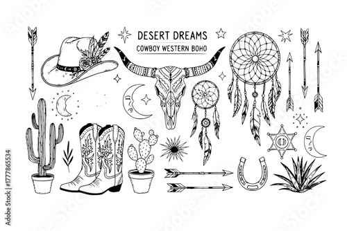Desert Dreams Cowboy Western Boho Vector Collection. Hand Drawn Wild West Illustrations for Bohemian Design and Vintage Decor
