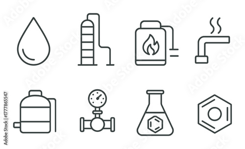Industrial icons set featuring oil, gas, refinery, and chemical symbols on metal background