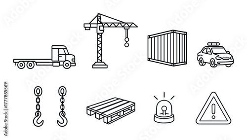 Construction equipment and safety icons with truck, crane, container, and warning sign