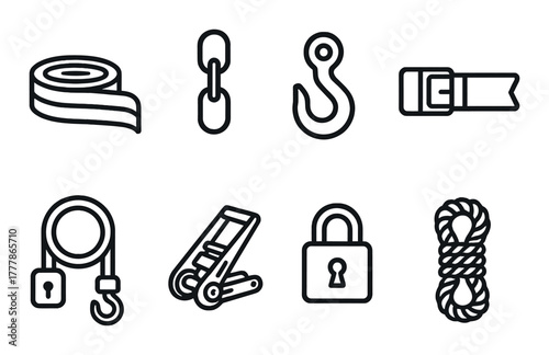 Set of eight dark monochrome icons featuring tools for safety and security
