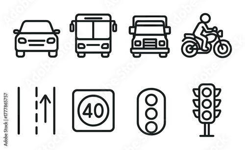 Vehicle and traffic icon set including car, bus, truck, and motorbike