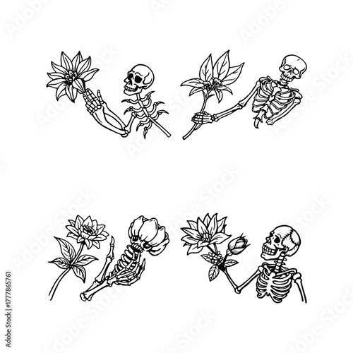 A set of skeleton hand holding a flower silhouette vector isolated on white background