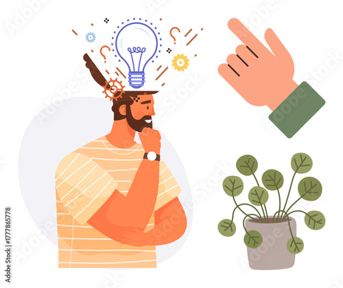 Bearded man contemplating with a lightbulb above his head, hand gesture indicating idea, and leafy potted plant. Ideal for creativity, inspiration, innovation, thought process, guidance