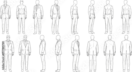 Male fashion body and suit figure template, vector illustration showing front, side, and back views for clothing design reference