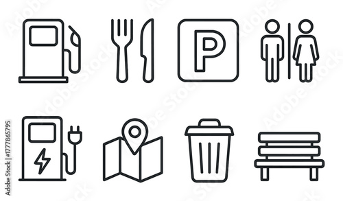 Set of black icons representing gas, dining, parking, restrooms, charging, map, trash, and seating