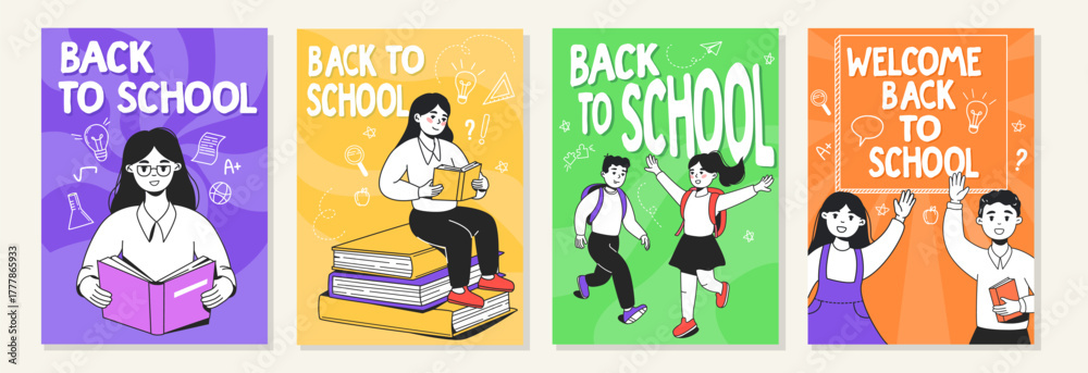 Fototapeta premium Group of colorful posters showing students with books and backpacks, cartoon style, on bright abstract backgrounds. Concept of school return. Vector illustration