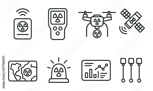 Nuclear monitoring icons set with devices and drones on dark background