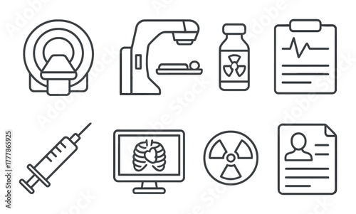 Medical imaging and radiology icons set with radiation symbols