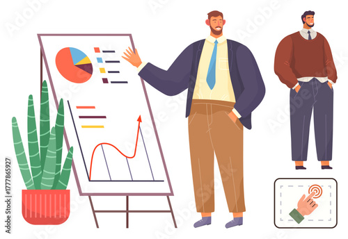 Confident man explaining charts on a flipboard, teammate in relaxed pose, potted plant. Ideal for leadership, teamwork, strategy, data analysis, corporate culture, training simple flat metaphor