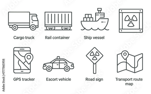 Hazardous material transport icons - truck, container, ship, tracker, escort, road sign, map