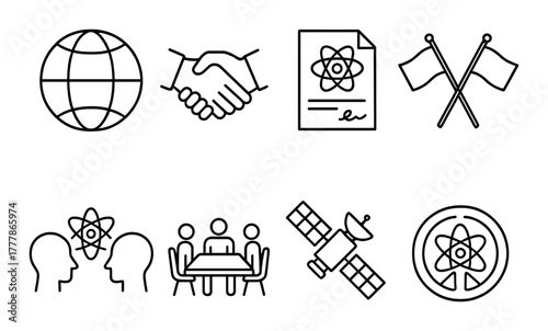 Global science collaboration icons: satellite, atom, and teamwork illustrations