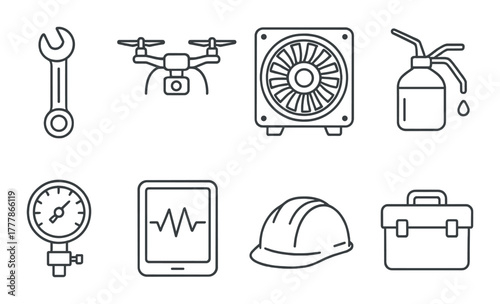 Industrial tools and equipment icons on a metallic background