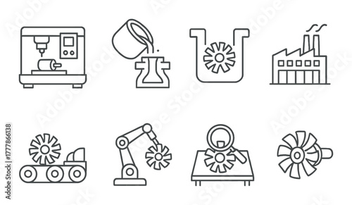 Industrial icons: machinery, manufacturing, automation, robot arm, factory silhouettes