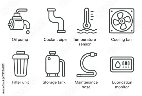 Automotive parts icons: oil pump, coolant pipe, temperature sensor, cooling fan, filter unit, storage tank, maintenance hose, lubrication monitor