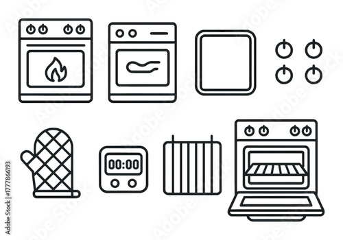 Minimalist kitchen icons: oven, timer, mitt, stove elements on grunge background