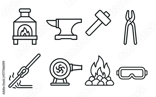 Blacksmithing tools icons: anvil, forge, hammer, safety goggles, tongs, fire, grinder