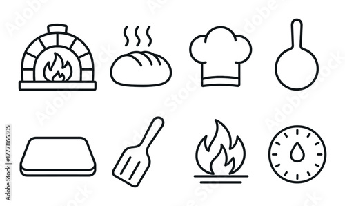 Monochrome outline icons: baking essentials including oven, bread, chef hat, and utensils
