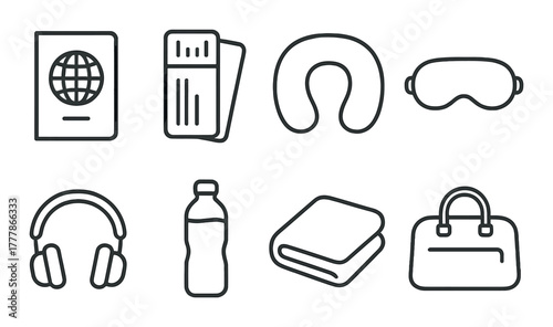 Travel essentials collection: passport, tickets, neck pillow, sleep mask, headphones, water, blanket, bag
